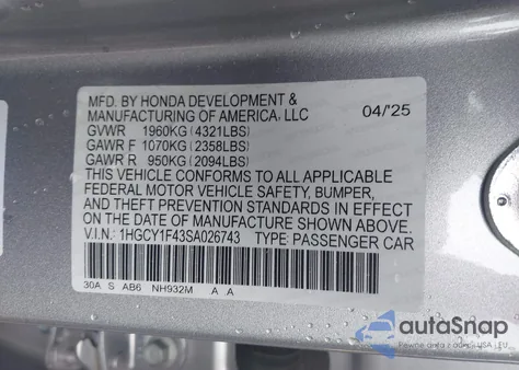2025 Honda Accord Se z USA, uszkodzony, nr VIN 1HGCY1F43SA026743